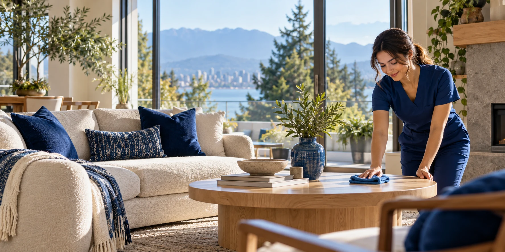A cleaner taking care of a bright Vancouver living room